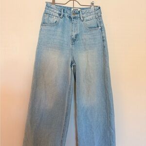 Faded Light Blue Wash Wide Leg Jeans - Frayed Hem